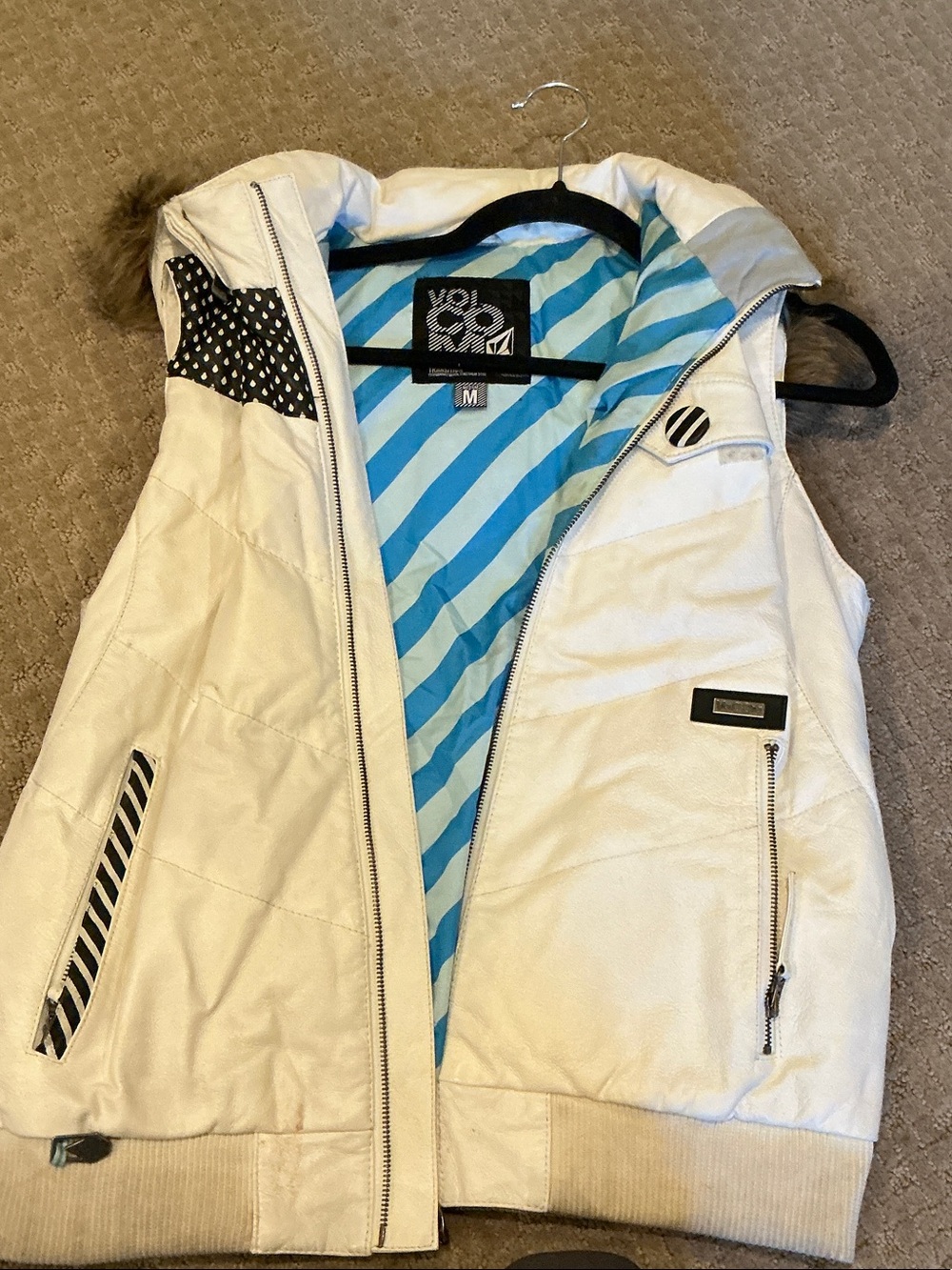 Volcom White Hooded leather Puffer Vest with Blue Striped Lining-RARE